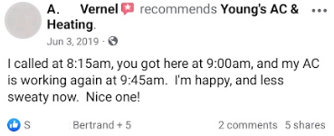 I called at 8:15am, you got here at 9:00am, and my AC is working again at 9:45am. I'm happy, and less sweaty now. nice one!