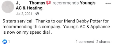 5 stars serice! Thanks to our friend Debby Potter for recommending this company. young's AC & Appliance is now on my speed dial.